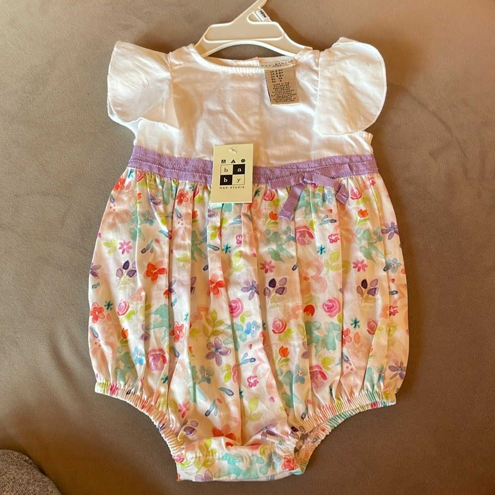 NWT max studio white purple floral three button, flutter sleeve, one piece